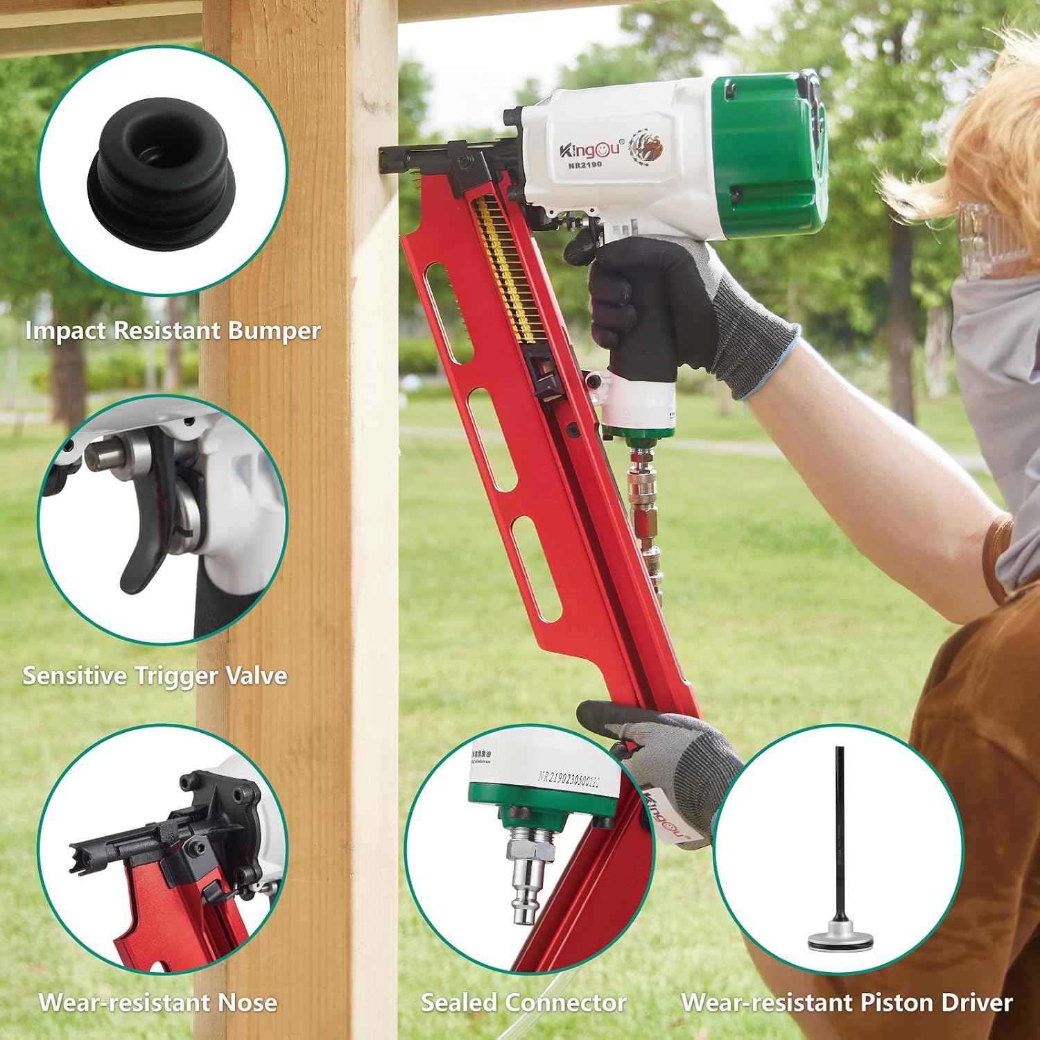 KingOu Mexican Style NR2190 21 Degree Plastic Strip Framing Nailer Aluminum Magazine Framing Nail Gun Covers NR83A2 Pistola De Framing All Function