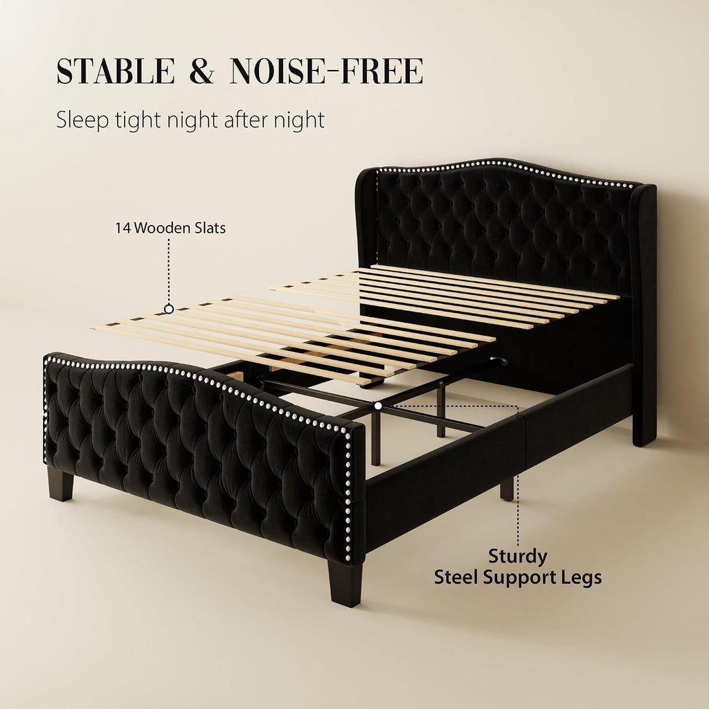 Queen Size Bed Frame with Tall Headboard Upholstered Bed Frame King Platform Bed Luxury Wingback Headback No Box Spring Needed, Mattress Foundation, Easy Assembly-Black