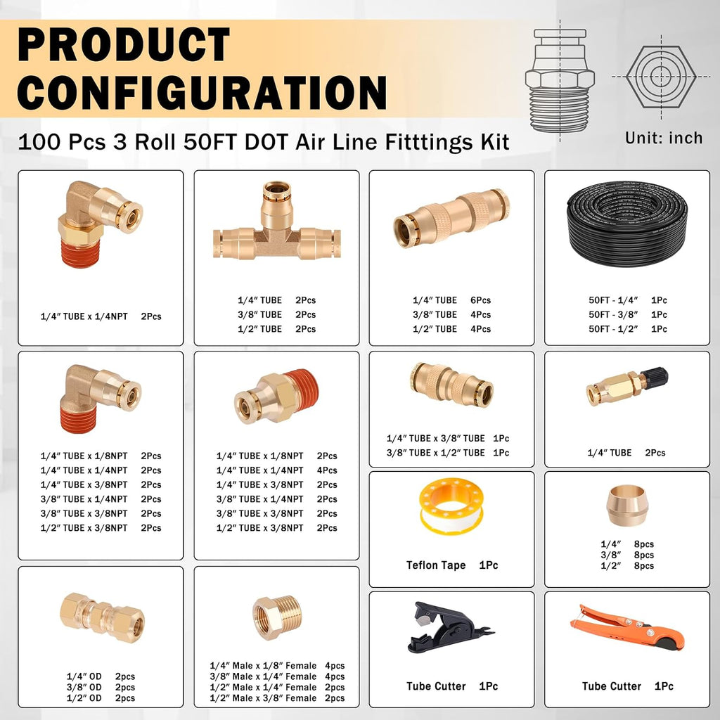 CheeMuii 100 PCS Brass DOT Air Line Fittings with 3 Roll 50FT 1/4' 3/8' 1/2' DOT Air Lines Kit Push Lock Air Fitting Quick Connect Air Fittings with Air Hose Pneumatic Tubing
