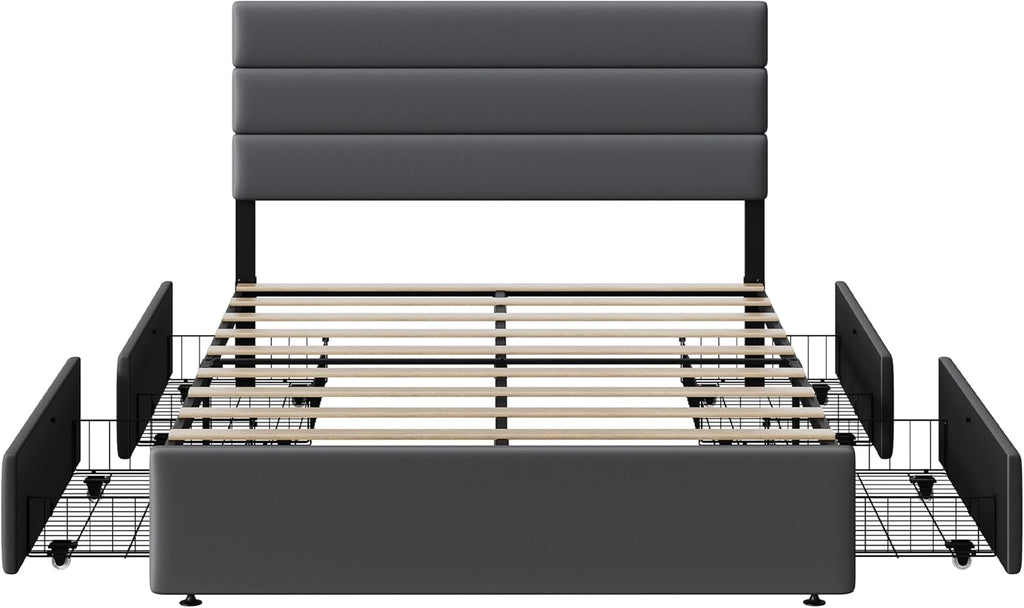 WLIVE Full Size Upholstered Bed Frame with 4 Storage Drawers and Headboard, Velvet Platform Bedframe, Sturdy Metal & Wooden Slats Support, No Box Spring Needed, Easy Assembly, Dark Grey