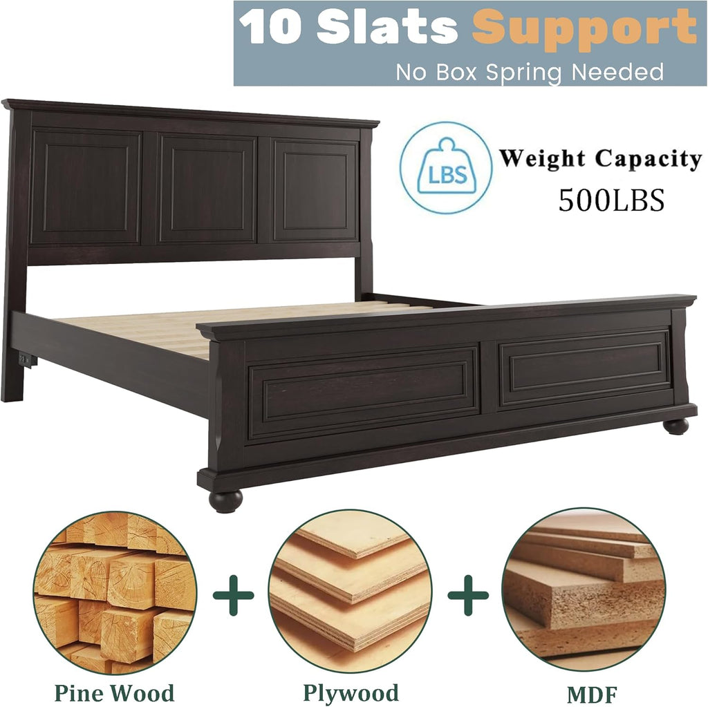 Wood Bed Frame King with Tall Headboard & Footboard, Traditional King Panel Bed with USB Charging Station for Bedroom, Guest Room, Easy Assembly, No Box Spring Required,Brown