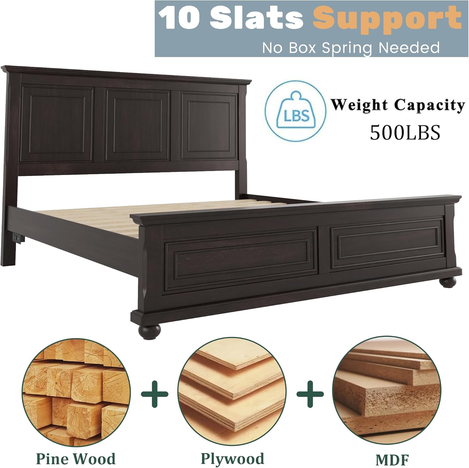 Wood Bed Frame King with Tall Headboard & Footboard, Traditional King Panel Bed with USB Charging Station for Bedroom, Guest Room, Easy Assembly, No Box Spring Required,Brown