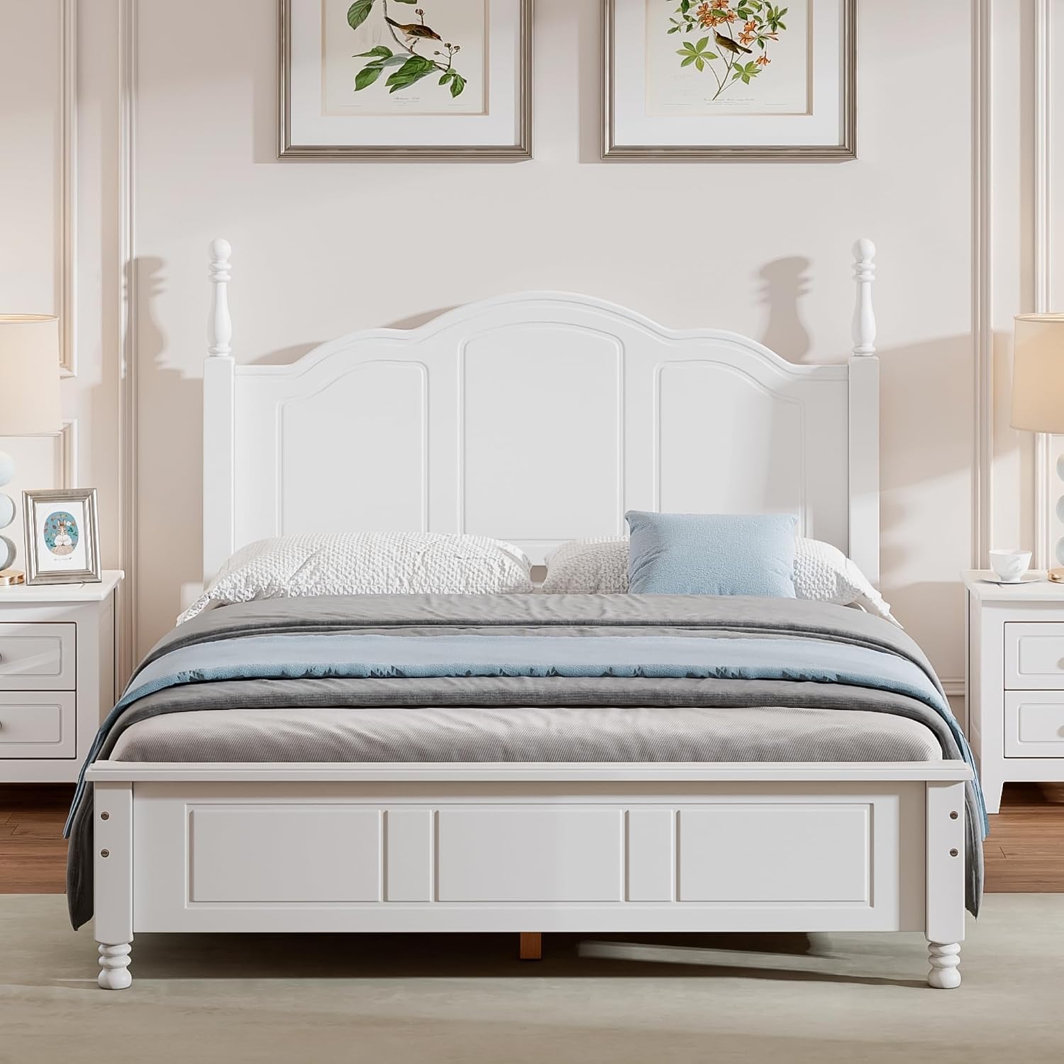 Merax Classic Retro Solid Wood Platform Bed with Headboard, Full Bed Frame/No Box Spring Needed/Easy Assemble White