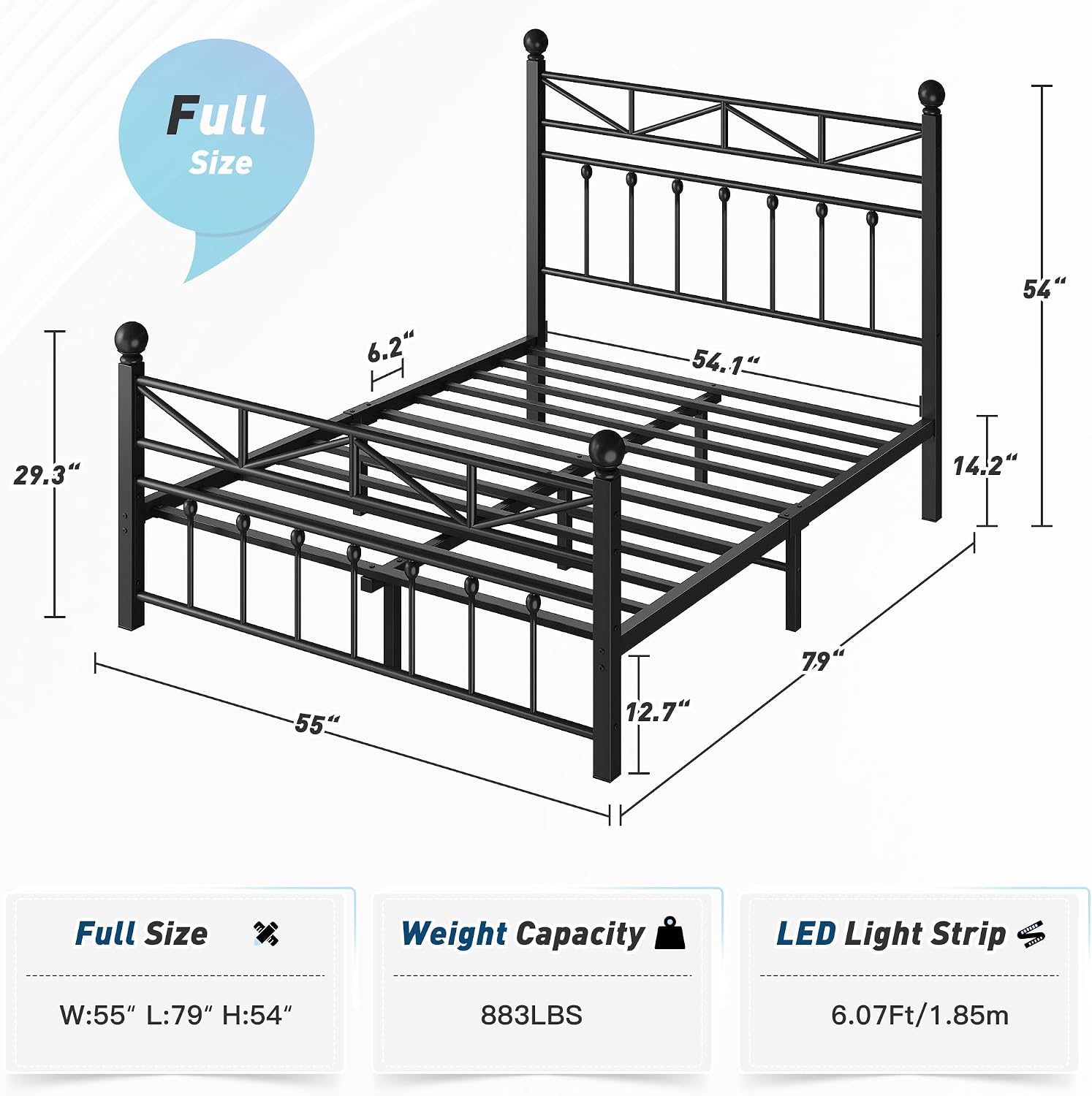 EnHomee 14.2' Metal Full Size Bed Frame with Tall Headboard & Footboard, LED Light Full Bed Frame, Strong Metal Slats Support and Noise-Free Design with Under Bed Storage/No Box Spring Needed/Black
