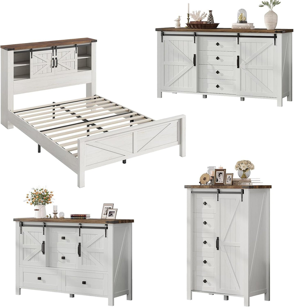 AMERLIFE 4-Piece Farmhouse Bedroom Set in Distressed White, Full Size Bed Frame with Bookcase Headboard, 5-Drawer Tall Dresser, 47'' Dresser with 4 Drawers, 60' Dresser with 4 Drawers