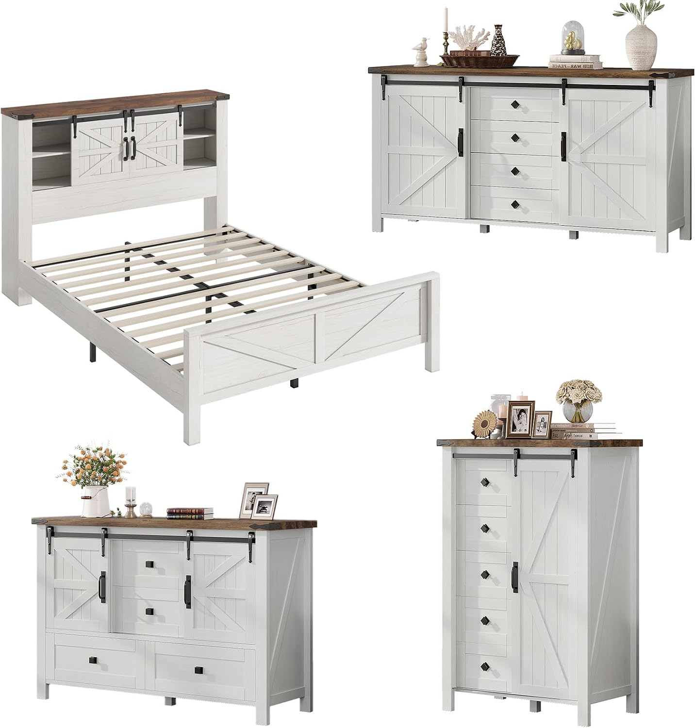 AMERLIFE 4-Piece Farmhouse Bedroom Set in Distressed White, Full Size Bed Frame with Bookcase Headboard, 5-Drawer Tall Dresser, 47'' Dresser with 4 Drawers, 60' Dresser with 4 Drawers