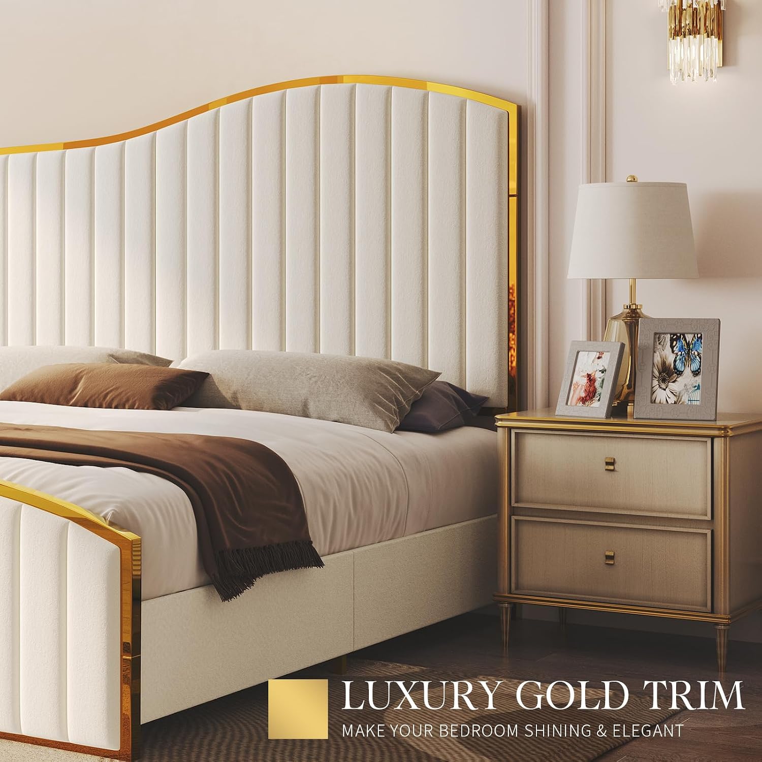 AMERLIFE King Size Bed Frame with 61.4' Tall Headboard, Velvet Upholstered Platform Bed with Gold Trim & Footboard, Wooden Slat Support, No Box Spring Needed, Cream