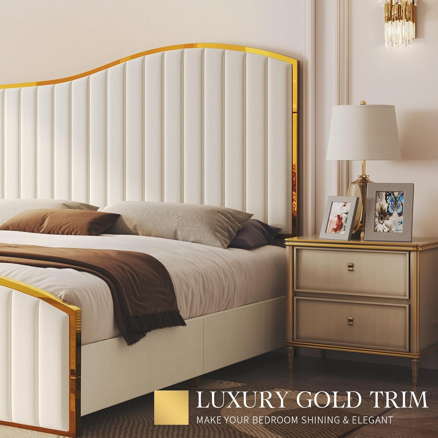 AMERLIFE Queen Size Bed Frame with 61.4' Tall Headboard, Velvet Upholstered Platform Bed with Gold Trim & Footboard, Wooden Slat Support, No Box Spring Needed, Cream