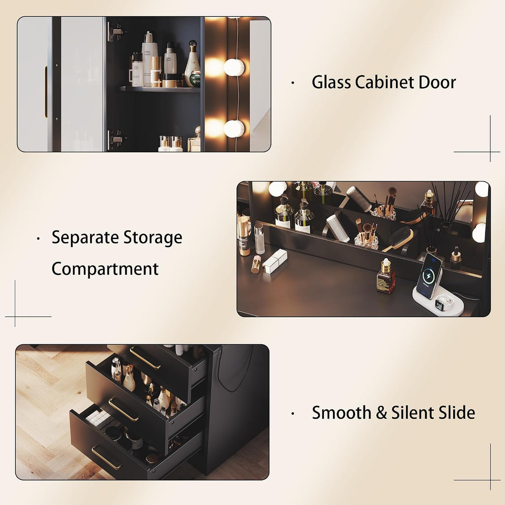 TOKSOM Makeup Vanity Desk with Mirror and Lights, 51' Makeup Vanity with Lights & Charging Station, Dressing Table Vanity Set for Bedroom, Vanity Table with 6 Drawers and 3 Cabinet Black
