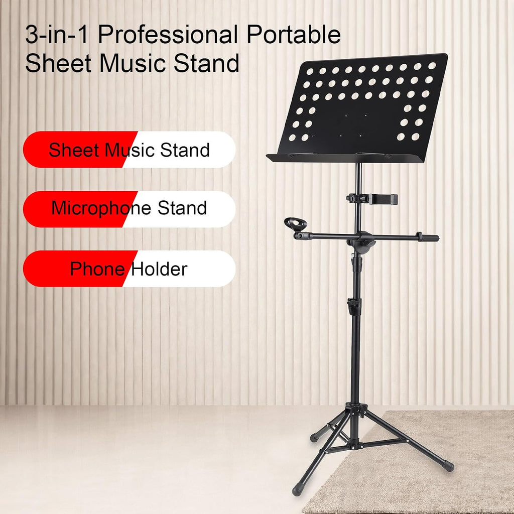 Folding Music Stand Portable Sheet Music Holder With Phone Clip and Microphone Clip for Live Streaming Band Performance
