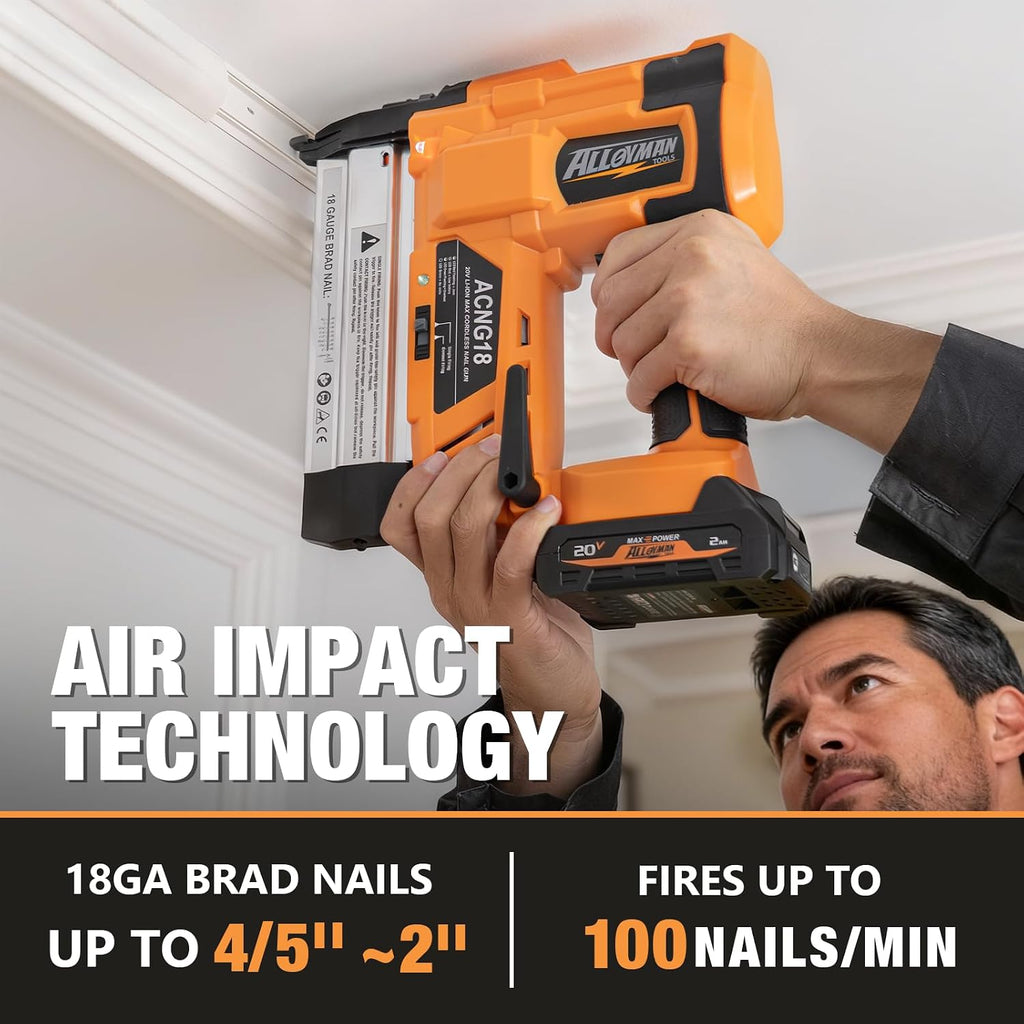 ALLOYMAN 20V 18GA Cordless Brad Nailer, with 2 * 2.0Ah Battery & Charger, Nail Gun Battery Powered, Up to 2 Inch, 2 Firing Modes, Adjustable Depth, 1000pcs Nails Included for Upholstery & Woodworking