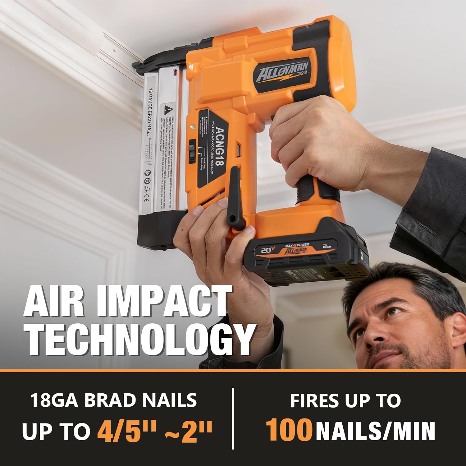 ALLOYMAN 20V 18GA Cordless Brad Nailer, with 2 * 2.0Ah Battery & Charger, Nail Gun Battery Powered, Up to 2 Inch, 2 Firing Modes, Adjustable Depth, 1000pcs Nails Included for Upholstery & Woodworking