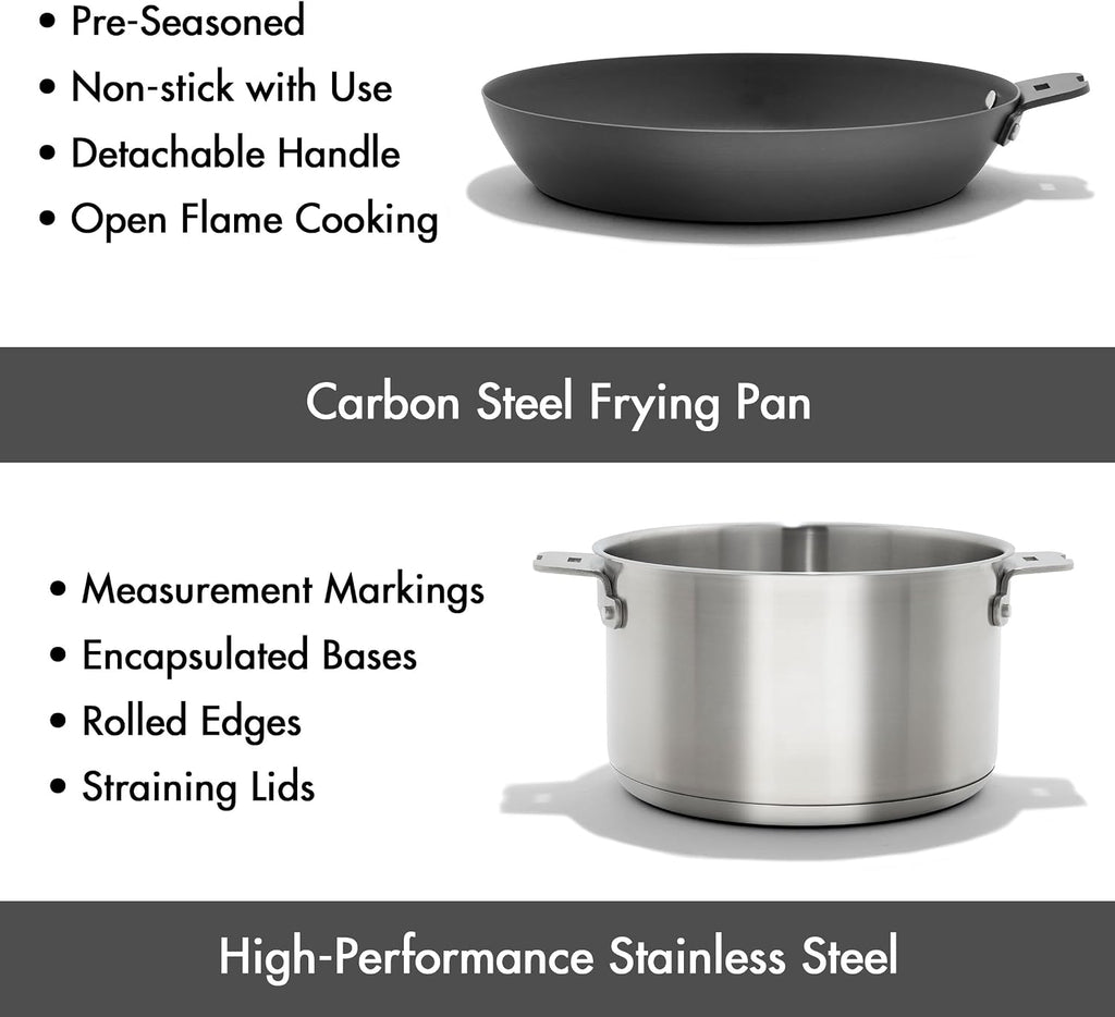 OXO Outdoor 8 Piece Camping Cookware Set, 10' Pre-Seasoned Carbon Steel Frying Pan Skillet, 2.25QT and 5QT Stainless Steel Saucepans with Lids, Removeable Handle, Trivet, Travel Bag, Space-Saving