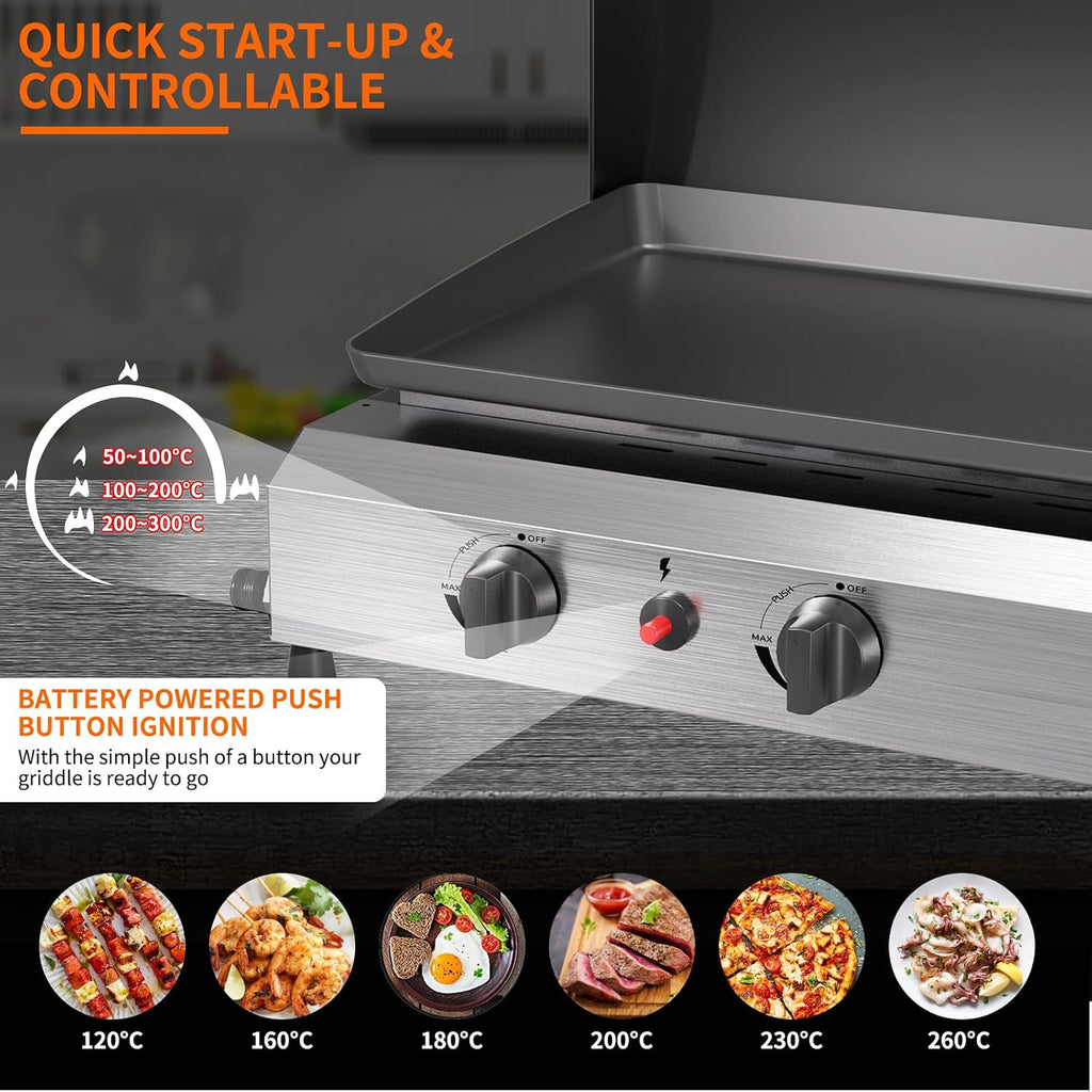 SKOK 3 Burner Gas Griddle with Lid- 25.6 Inch Outdoor Propane Griddle- Portable Flat Top Gas Grill Camping Griddle for Kitchen, Outdoor BBQ, Camping Tailgating or Picnicking