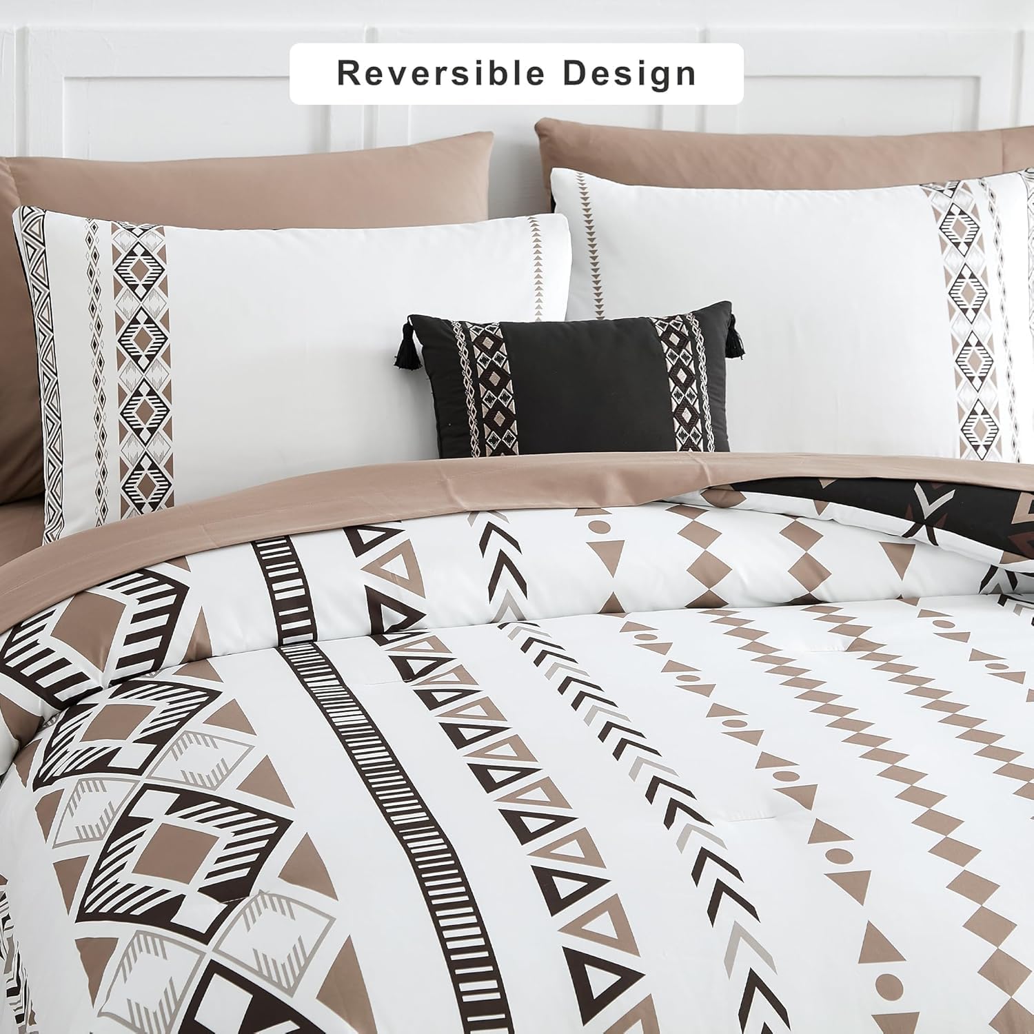 Geniospin Super King Plus Size Comforter Set- 7 Pieces Boho Bed in a Bag, Western Bedding Set for All Seasons, Reversible Aztec Bedding, Lightweight Comforter Bed Set with Sheets, Pillowcases & Shams