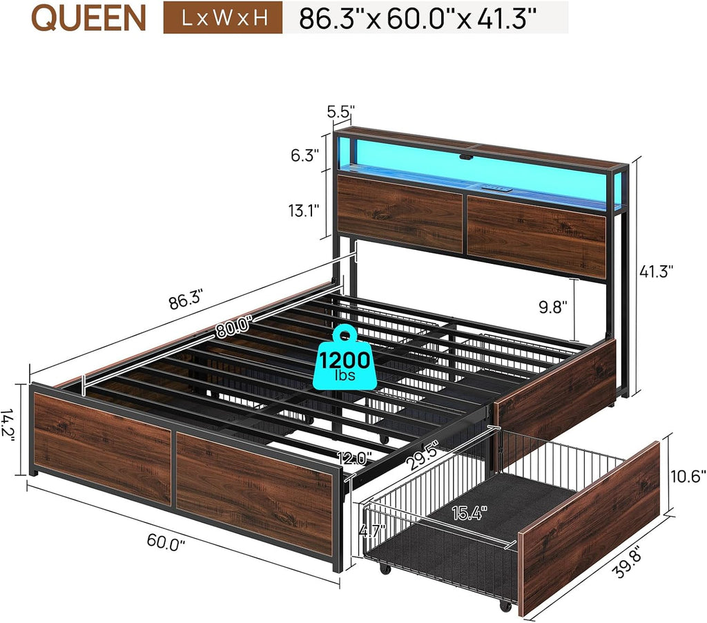 Rolanstar Queen Bed Frame with 4 Storage Drawers, Charging Station and LED Lights, Metal Platform Bed with 2-Tier Storage Headboard, No Box Spring Needed, Easy Assembly, Noise-Free, Walnut
