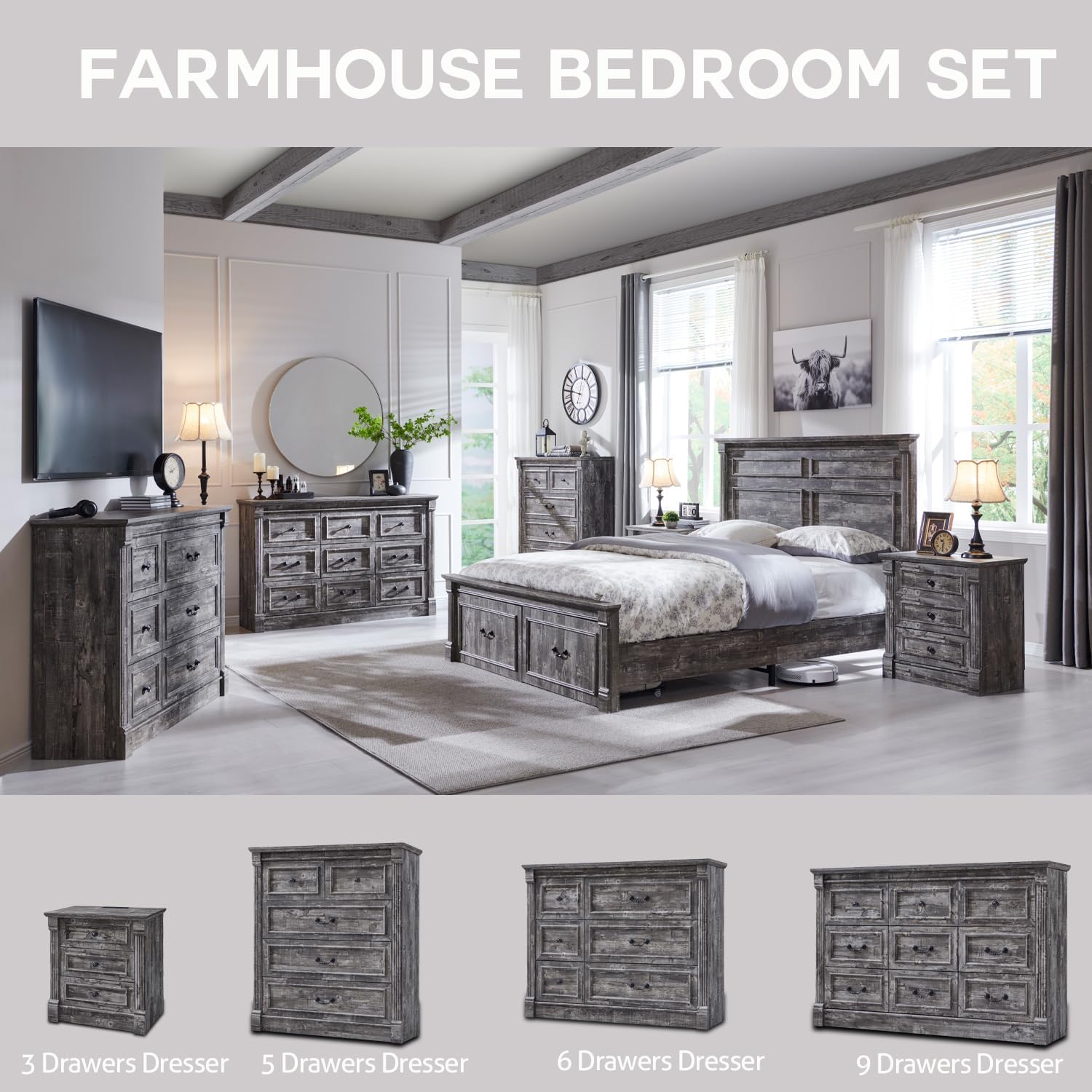 Aitjunz Farmhouse Queen Size Bed Frame with 51' Tall Headboard, Wood Platform Bed Frame with 20' Tall Roman Column Decoration Footboard & 2 Large Storage Drawers, No Box Spring Needed (Light Grey)
