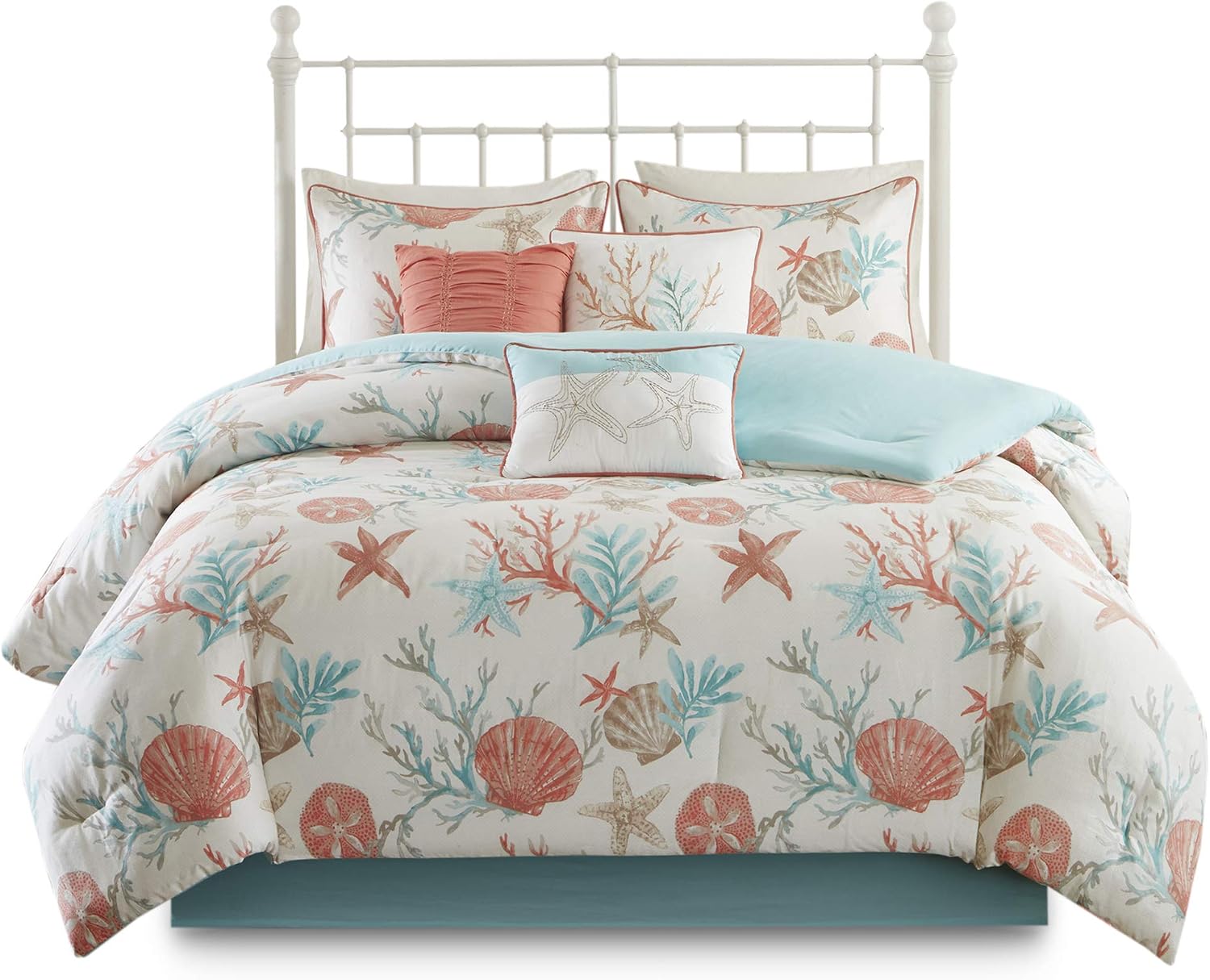Madison Park 100% Cotton Comforter Set - Coastal Coral, Starfish Design All Season Down Alternative Cozy Bedding with Matching Shams, Decorative Pillow, Queen(90'x90'), Teal 7 Piece