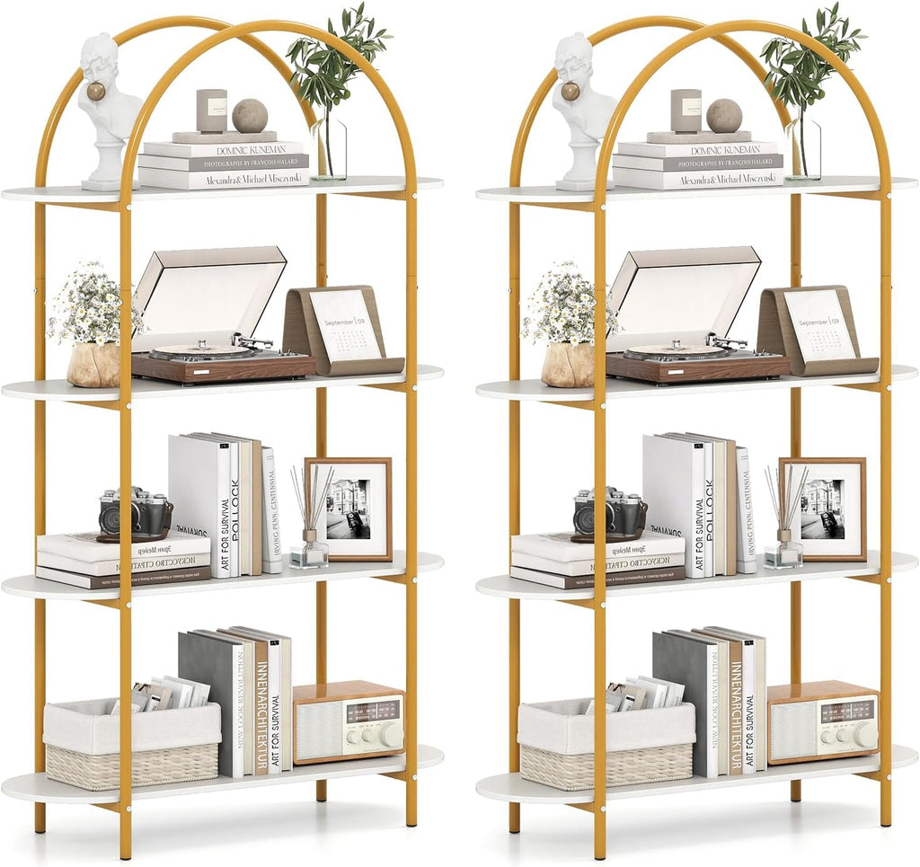 Giantex Arched Bookshelf Set of 2, 4-Tier Modern Open Bookcase with Sturdy Metal Frame, Freestanding Display Storage Organizer for Living Room, Home Office and Bedroom, Gold & White