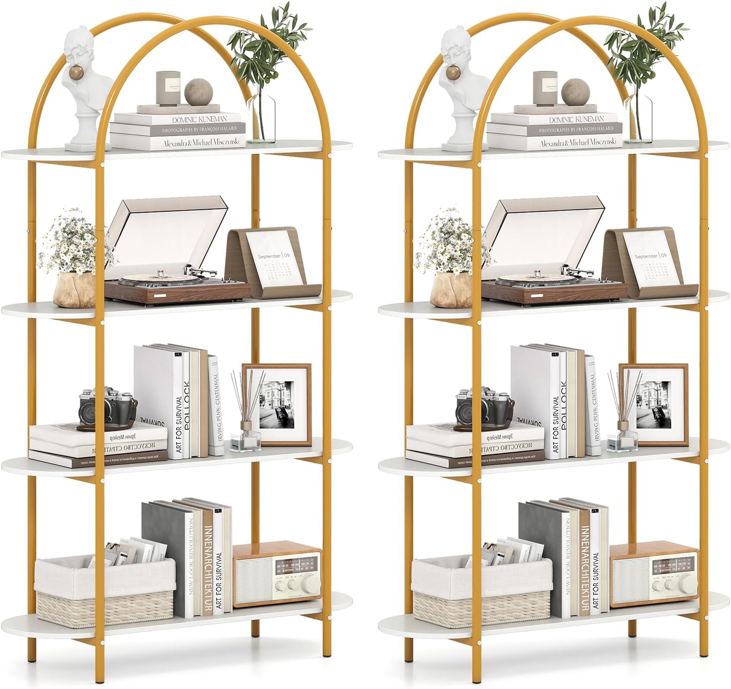 Giantex Arched Bookshelf Set of 2, 4-Tier Modern Open Bookcase with Sturdy Metal Frame, Freestanding Display Storage Organizer for Living Room, Home Office and Bedroom, Gold & White