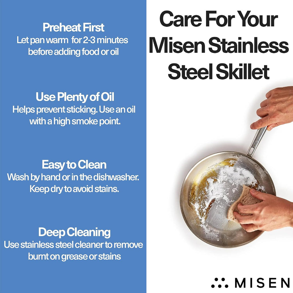 Misen 5-Ply Stainless Steel 10' Frying Pan - Professional Cookware for Induction, Gas and Electric - Dishwasher Safe, Oven Safe to 800°F - Durable, Versatile, Even Heating