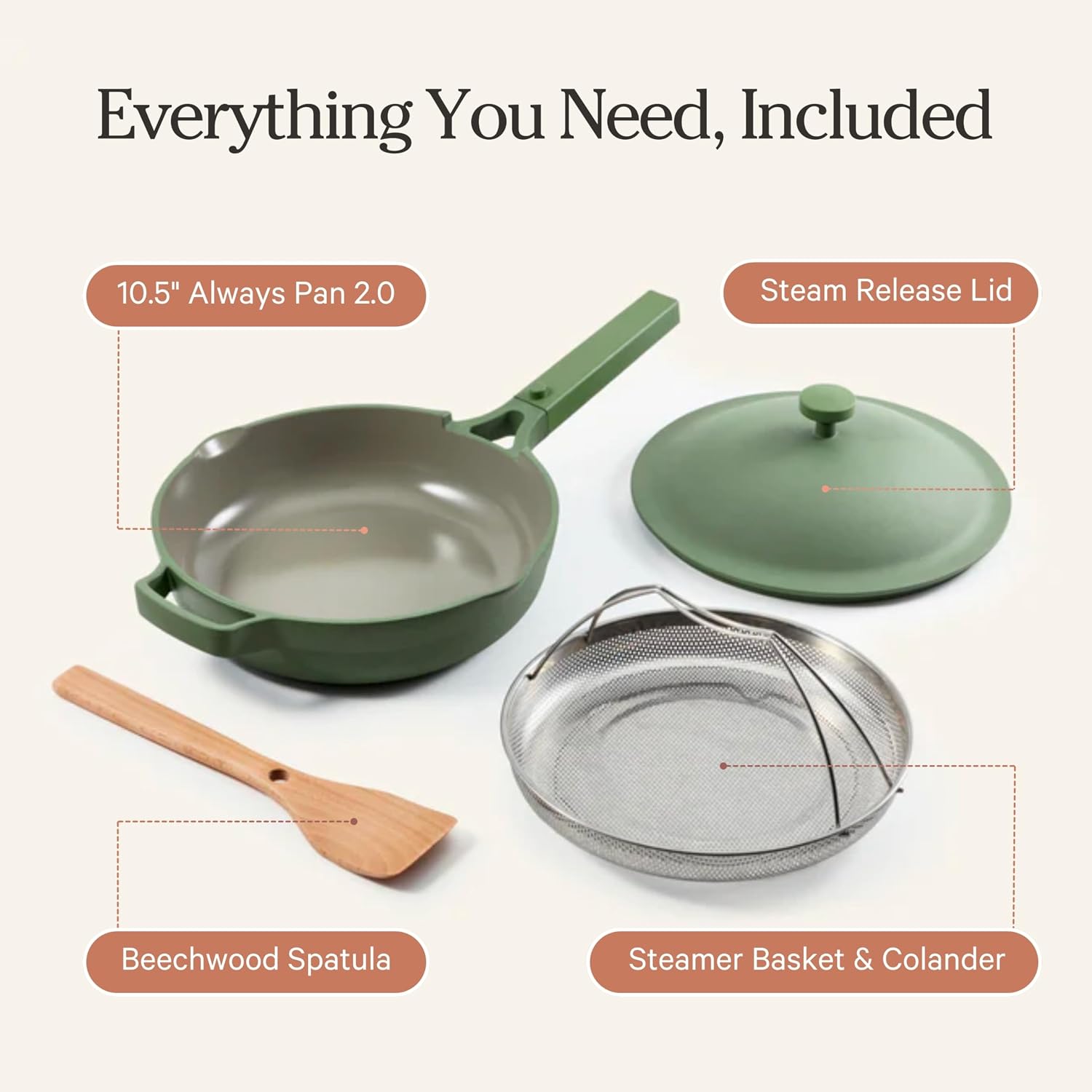 Our Place Always Pan 2.0 | 10.5' Ceramic Pan with Modular Lid, Steamer Basket & Spatula | Patented 10-in-1 Nonstick, Non-Toxic Cookware Made Without PFAS | Induction & Oven-Safe up to 450°F | Sage