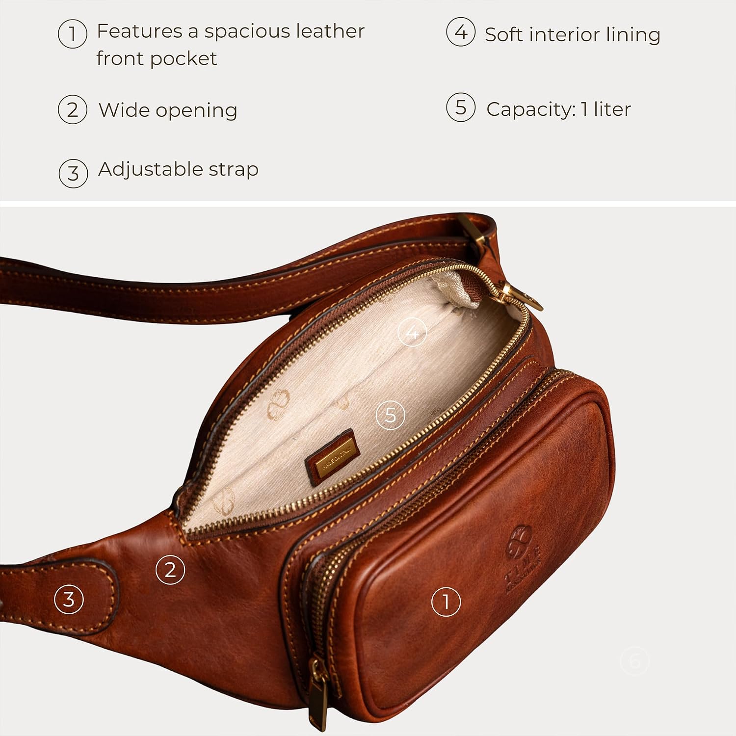 Time Resistance Leather Waist Pack - Belly Bag, Belt Bag, Fanny Pack - Handmade in Italy (Cognac Brown)