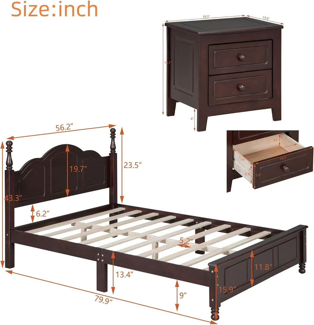 Harper & Bright Designs 3 Pieces Bedroom Sets, Full Size Wood Platform Bed Frame with 2 Nightstands, Retro Design, Farmhouse Bedroom Furnture Set, Easy to Assemble (Walnut)