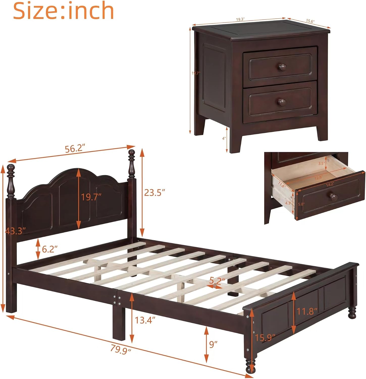 Harper & Bright Designs 3 Pieces Bedroom Sets, Full Size Wood Platform Bed Frame with 2 Nightstands, Retro Design, Farmhouse Bedroom Furnture Set, Easy to Assemble (Walnut)