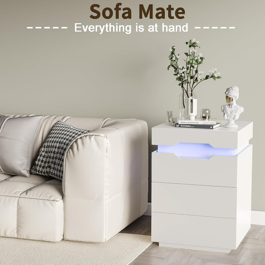 YESHOMY Nightstand with LED Light and Charging Station, Endtable with 3 Drawers, Bedside Table with Large Capacity, for Bedroom, Set of 2, 27.5' Height, White