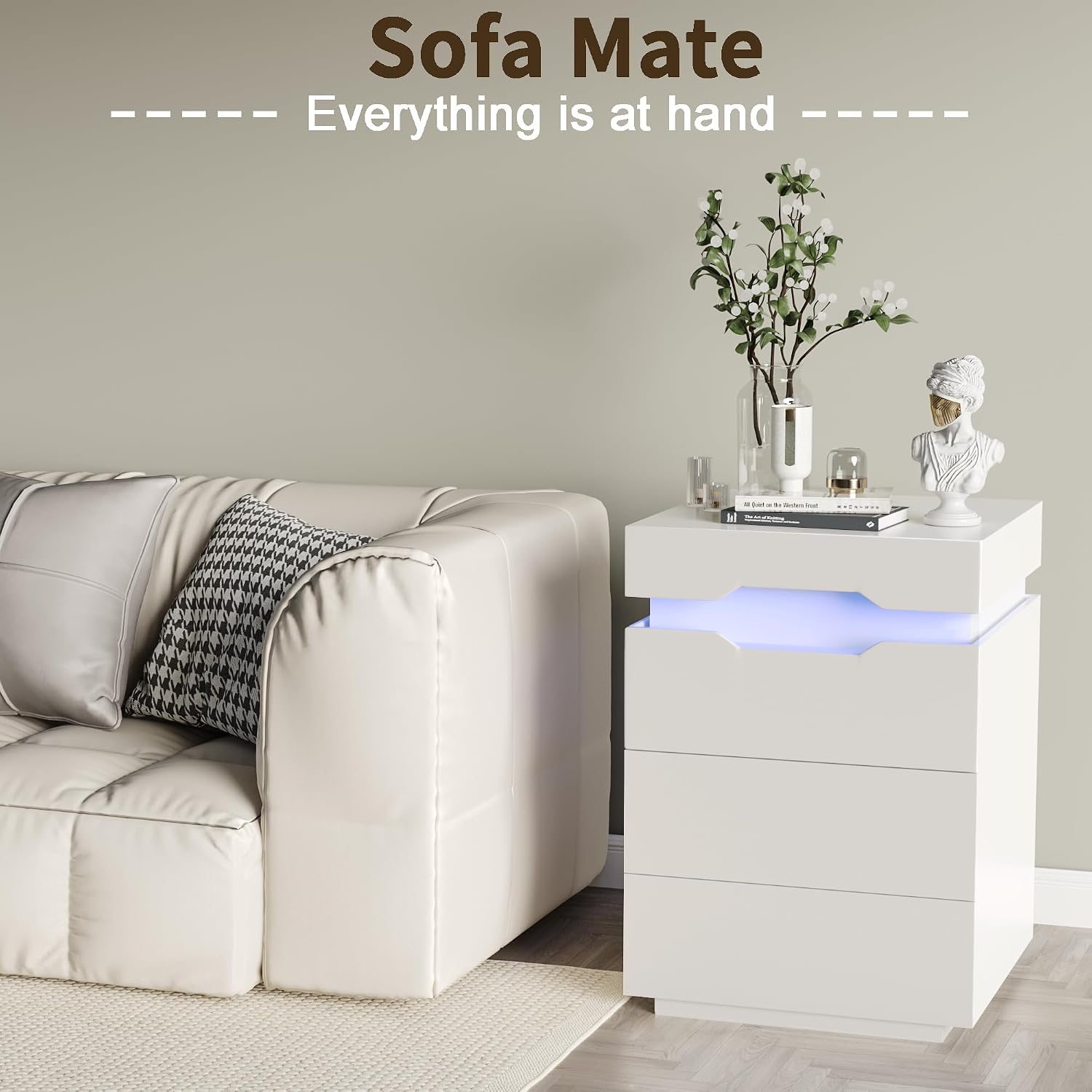 YESHOMY Nightstand with LED Light and Charging Station, Endtable with 3 Drawers, Bedside Table with Large Capacity, for Bedroom, Set of 2, 27.5' Height, White