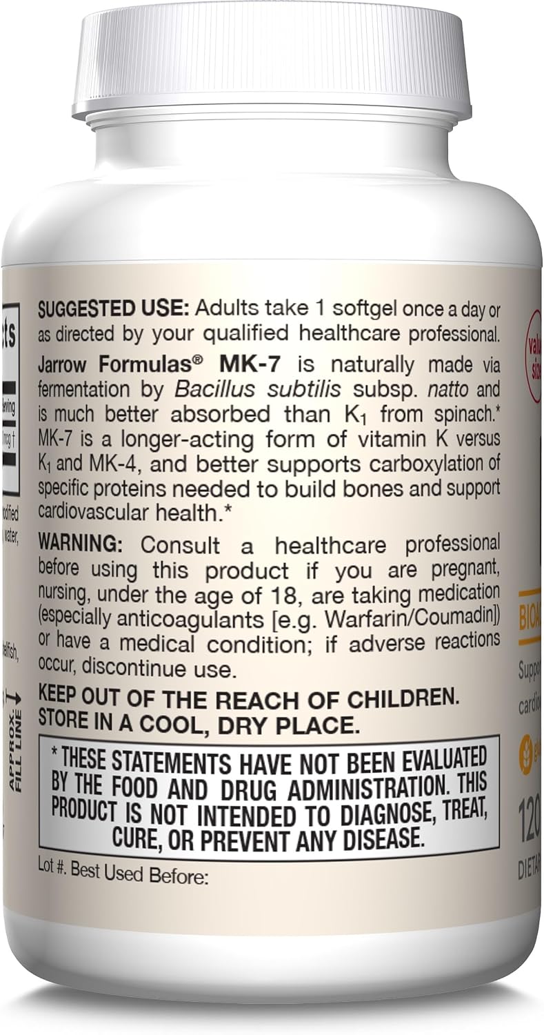 Jarrow Formulas MK-7 90mcg-Bioactive Form of VIT K2-120 Servings(Softgels)-for Bone & CV Health-VIT K2 MK-7 Dietary Supp-K2 VIT Supp MK-7-Gluten Free,12 Pack