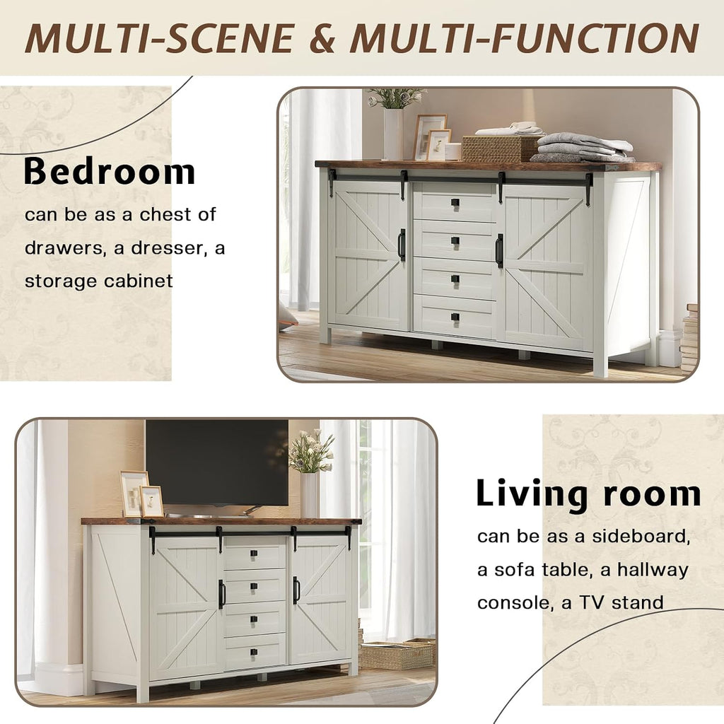 LUXOAK 3 Pieces Bedroom Set - Includes 60' Farmhouse Dresser, 48' Chest of Drawers with Sliding Barn Doors, 48' Tall Storage Cabinet with 5 Drawers, Rustic White