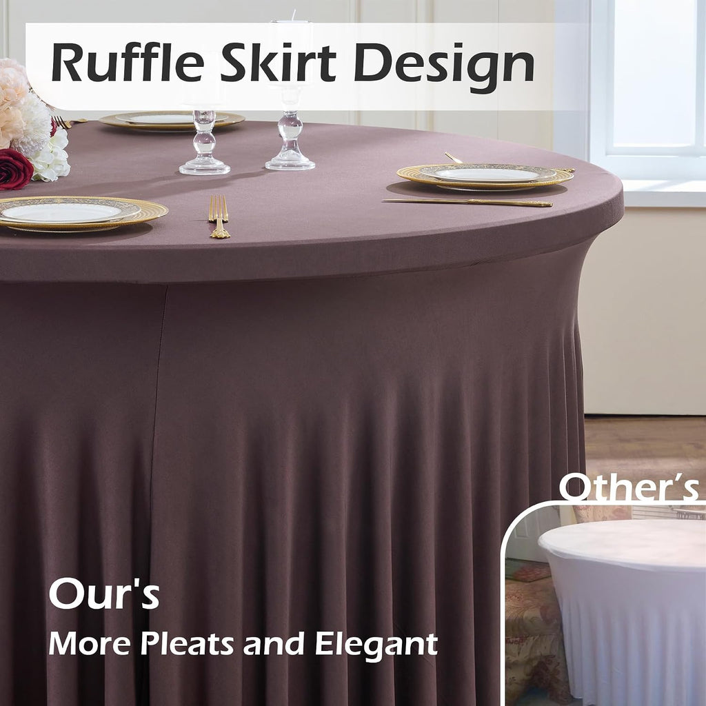 NSSONBEN 6 pk Brown Spandex Round Table Cloths for 60inch Table, Wrinkle Free 120inch Stretchy Fitted 5ft Round Table Covers with Skirt for Wedding Birthday Graduation Parties Banquet Events