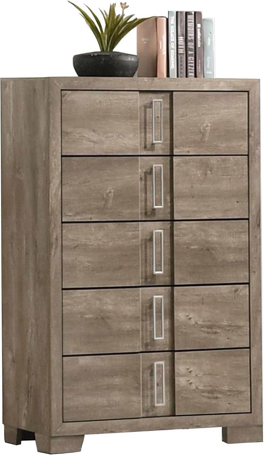 Kings Brand Furniture Dawson Modern 6-Piece King Size Farmhouse Style Bedroom Set in Light Brown Finish - Bed with LED Lights, Dresser, Mirror, Chest & 2 Nightstands