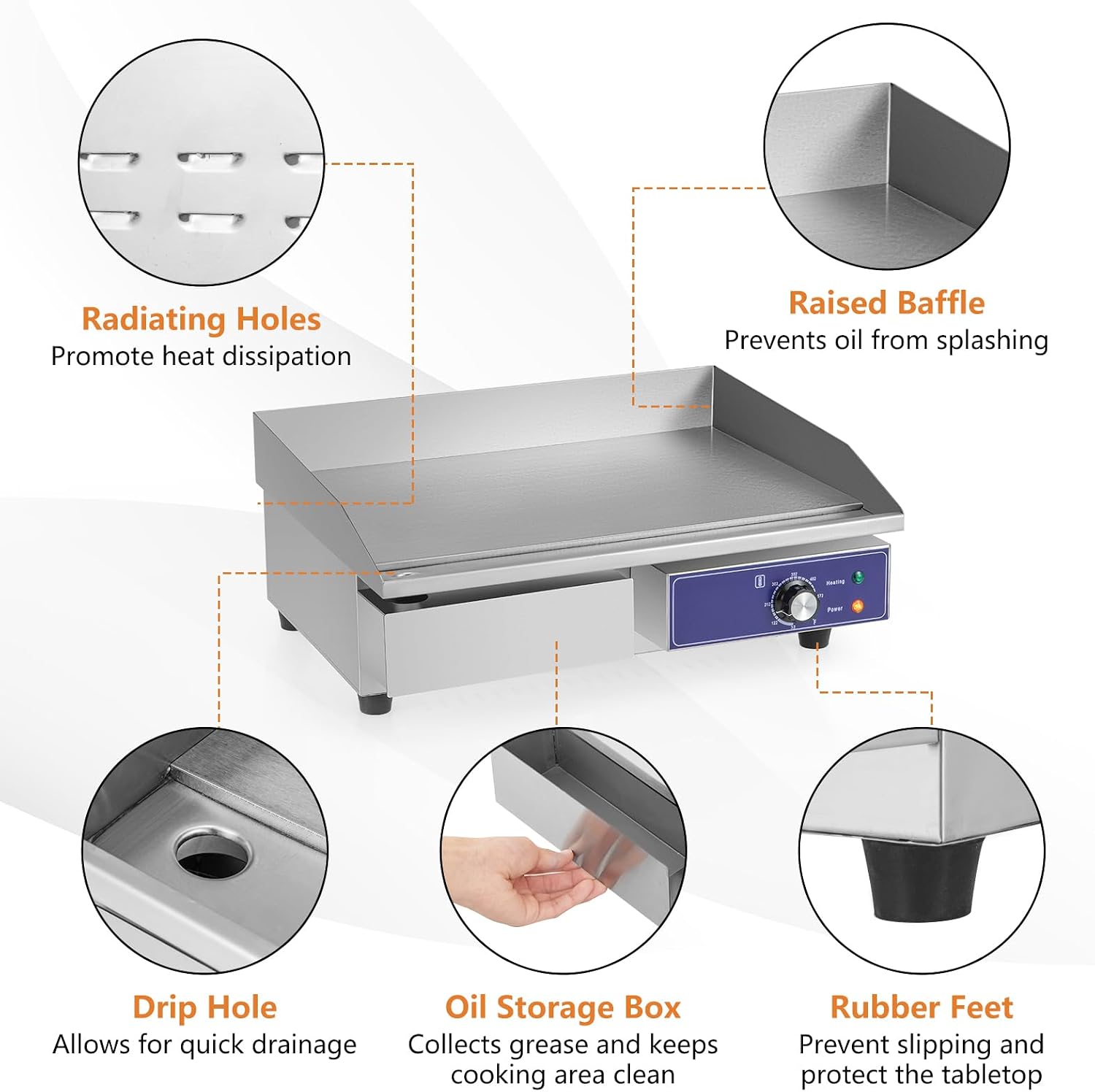 Giantex Commercial Griddle, 22' Electric Griddle 2000W, Cast Iron Griddle, Stainless Steel Frame, 122℉-572℉ Adjustable Temperature Control, Removable Oil Storage Box, Restaurant Teppanyaki Grill