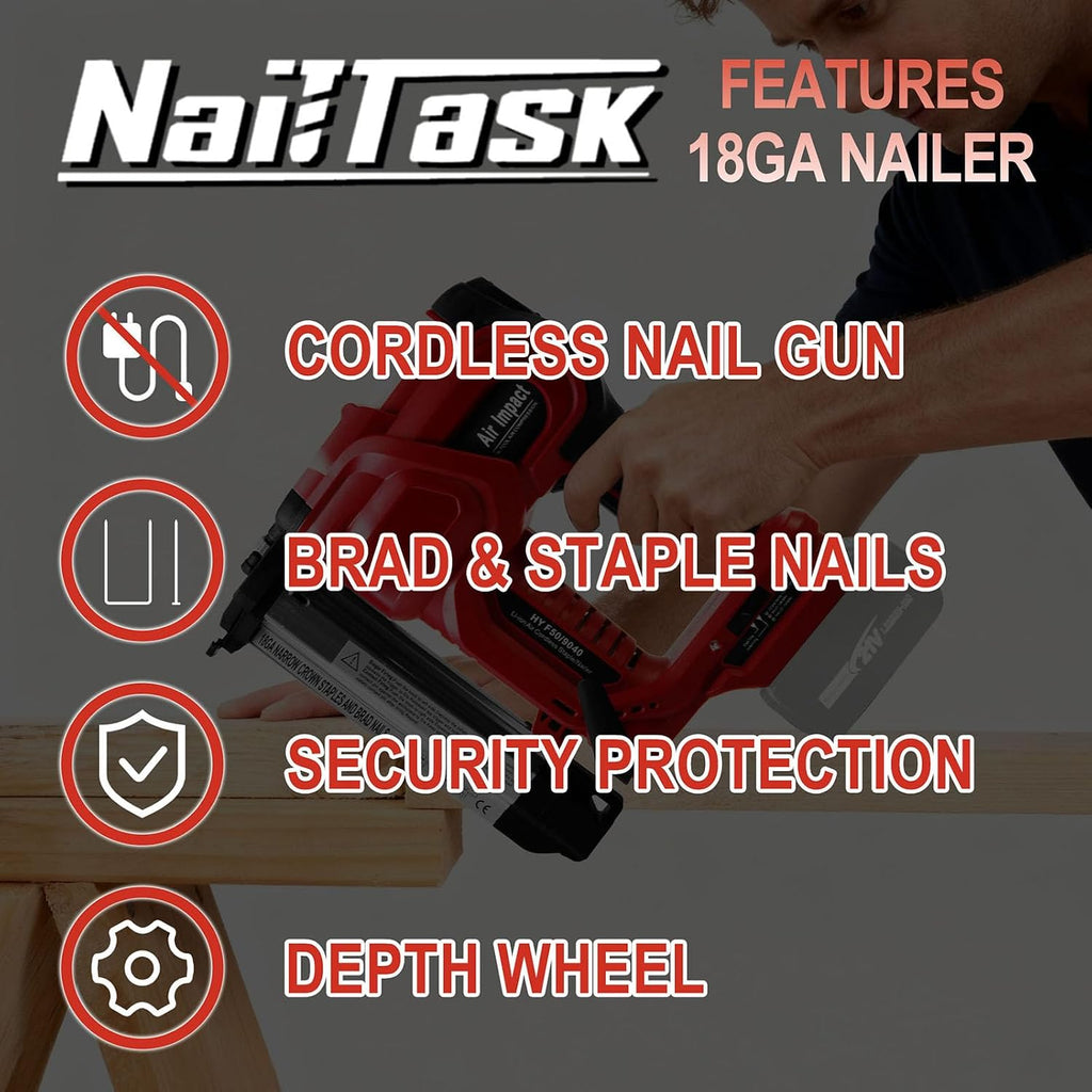 20V 18 Gauge Cordless Nail Gun Safety Pin 2 Inch Power Brad Nailer with 18GA Machine Electric Staple 2 in 1 Gun Nails Kit for Wood Upholstery DIY Framing Home Improvement (No Battery)