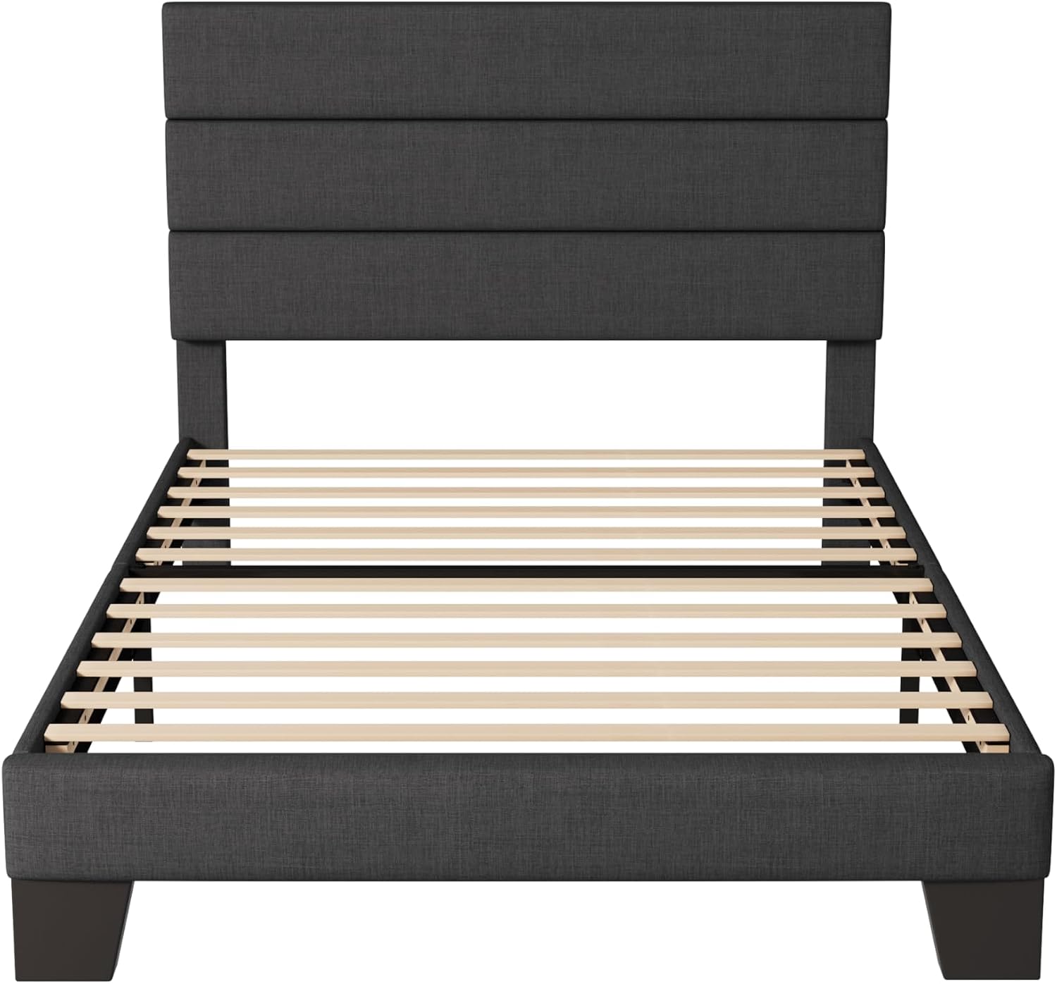Allewie Twin Size Platform Bed Frame with Fabric Upholstered Headboard and Wooden Slats Support, Fully Upholstered Mattress Foundation/No Box Spring Needed/Easy Assembly, Dark Grey