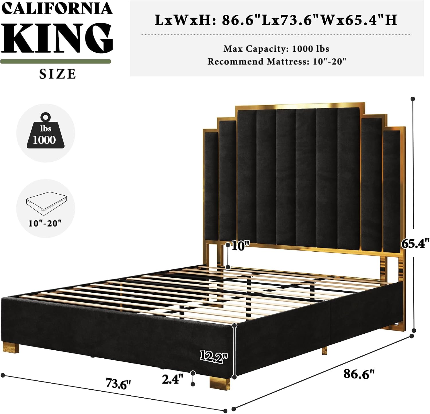 AMERLIFE California King Size Upholstered Bed, Modern Velvet Bed Frame with 65.4' Tall Gold Trim Headboard, No Box Spring Needed, Black