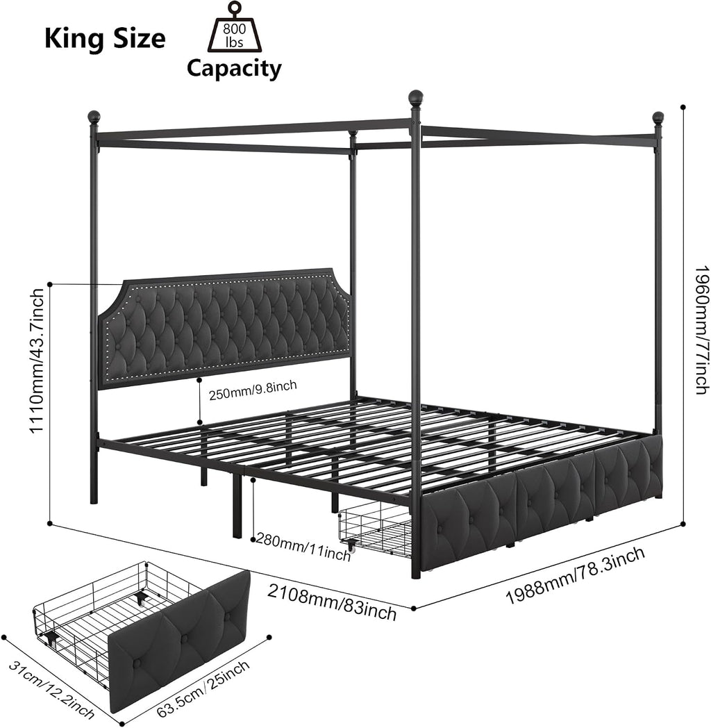 Keyluv King Upholstered Canopy Bed Frame with 3 Storage Drawers & Button Tufted Headboard, Metal Platform Bed with 4 Removable Posts, Two-Purpose Velvet Bed, Dark Grey/Curtain Not Included