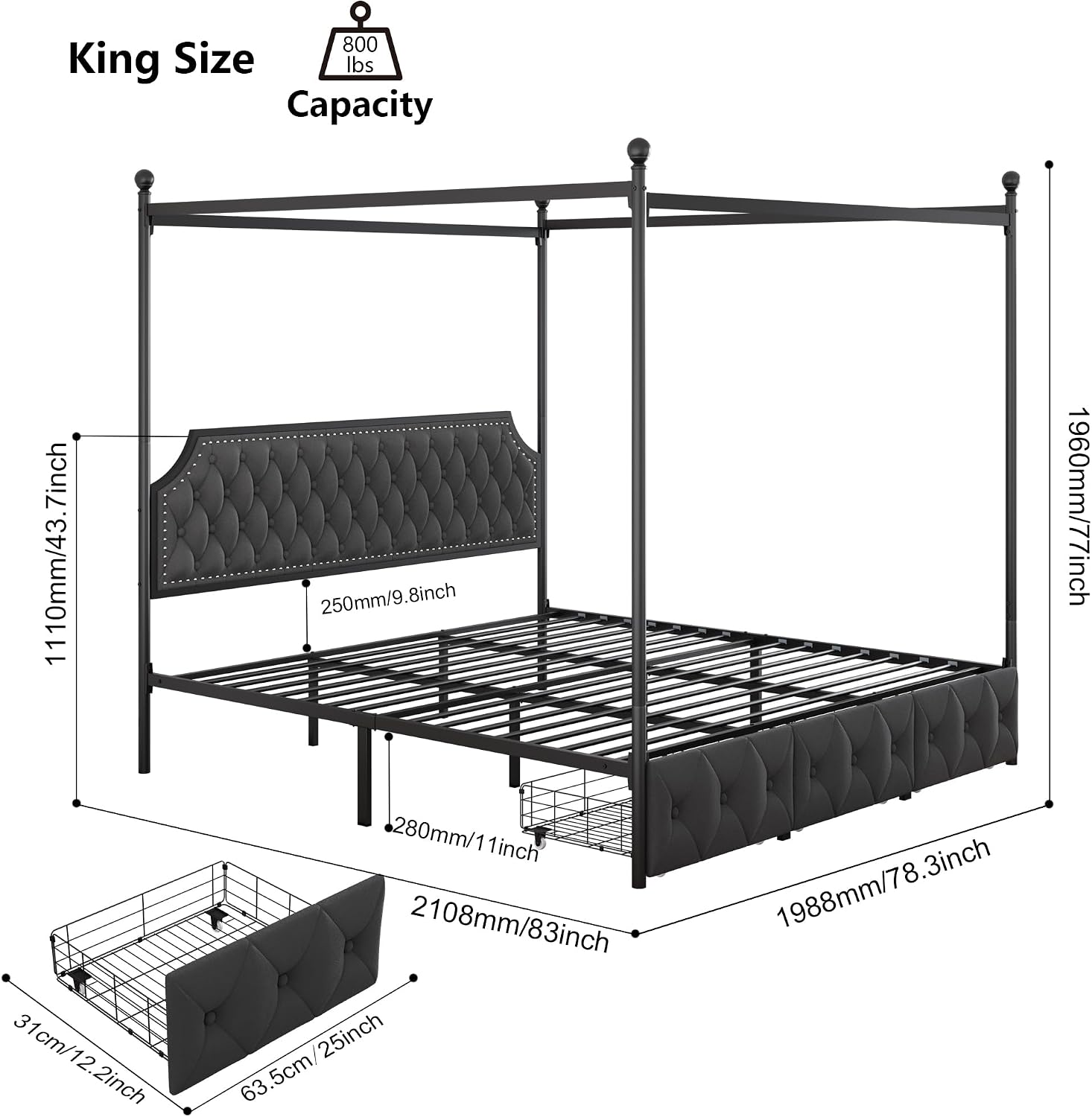 Keyluv King Upholstered Canopy Bed Frame with 3 Storage Drawers & Button Tufted Headboard, Metal Platform Bed with 4 Removable Posts, Two-Purpose Velvet Bed, Dark Grey/Curtain Not Included
