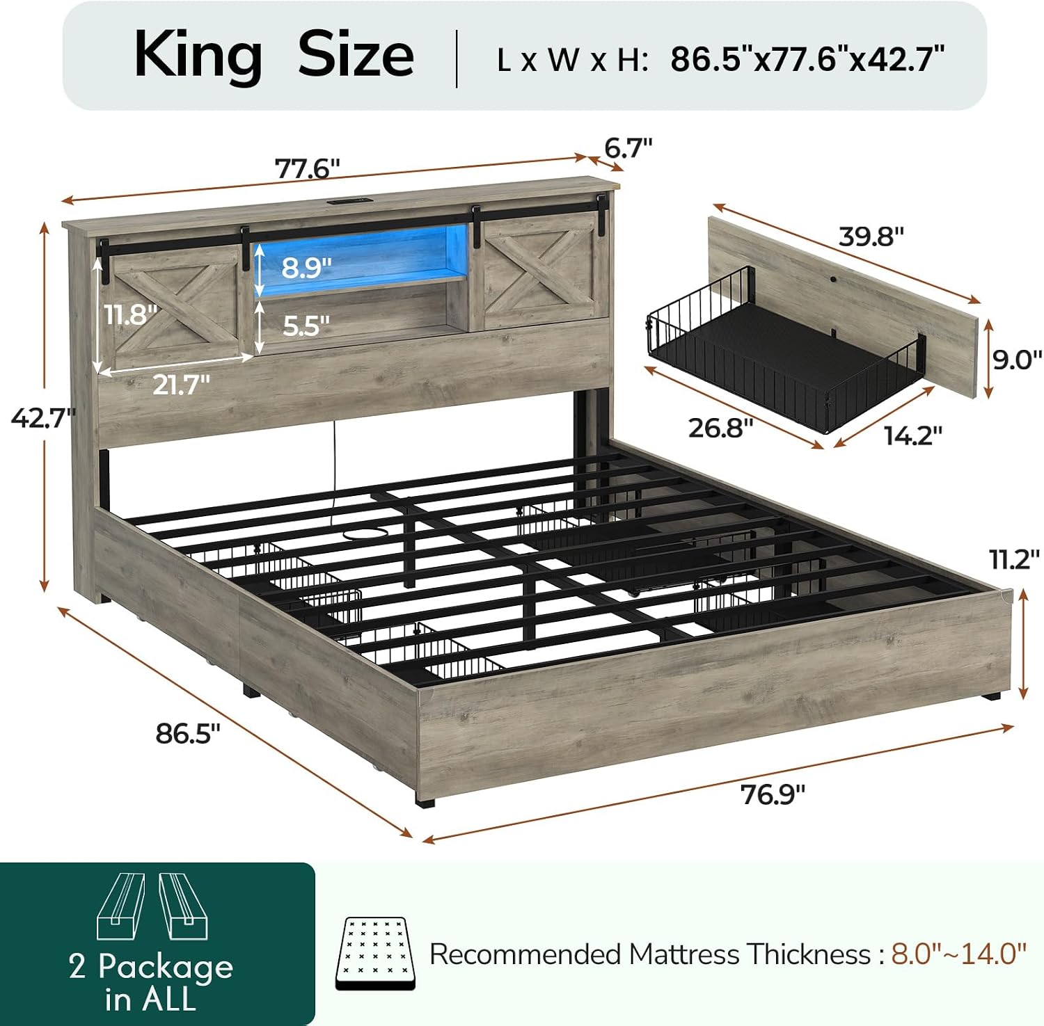 Hasuit Farmhouse Bed Frame King Size with 4 Storage Drawers, Wooden Platform King Beds with Charging Station and LED Lights, Rustic Bed with Storage Headboard and Sliding Barn Door