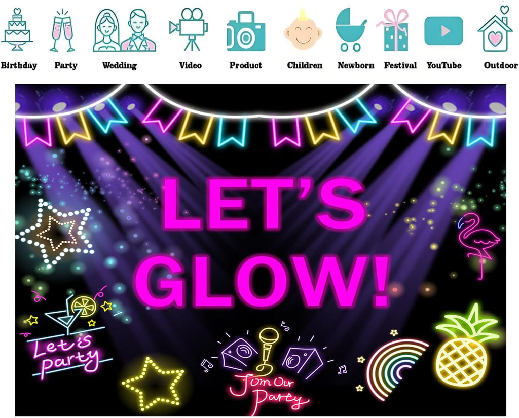 20x10ft Fabric Neon Backdrop Let's Glow Party Supplies Funny Cute Glitter Doodle Decoration Kids Birthday Party Celebration Day Party Photography Banner