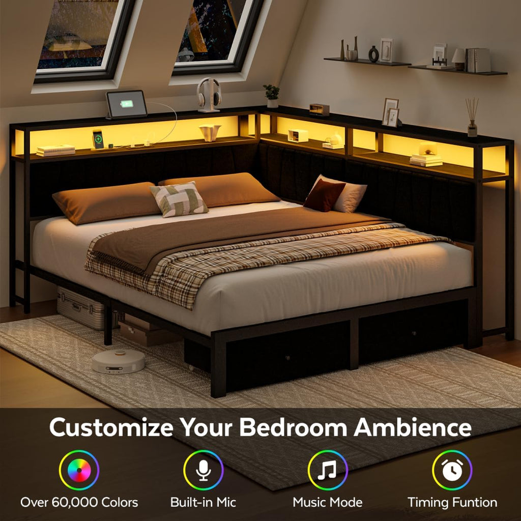 Full Corner Bed Frame with Storage Drawers, Modern Daybed with LED Lights and Charging Station, Metal Platform Bed Frame Full Size with Linen Upholstered Guardrail for Dorm Bedroom, Black