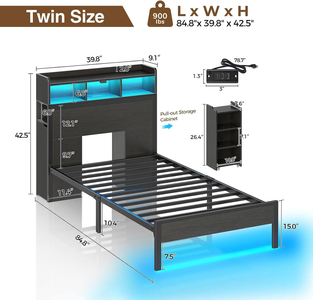 Rolanstar Twin Bed Frame with Bookcase Storage Headboard, Slide Out Bedside Storage, Bed with Charging Station & LED Lights, Heavy Duty Metal Slats, No Box Spring Needed, Noise Free, Black