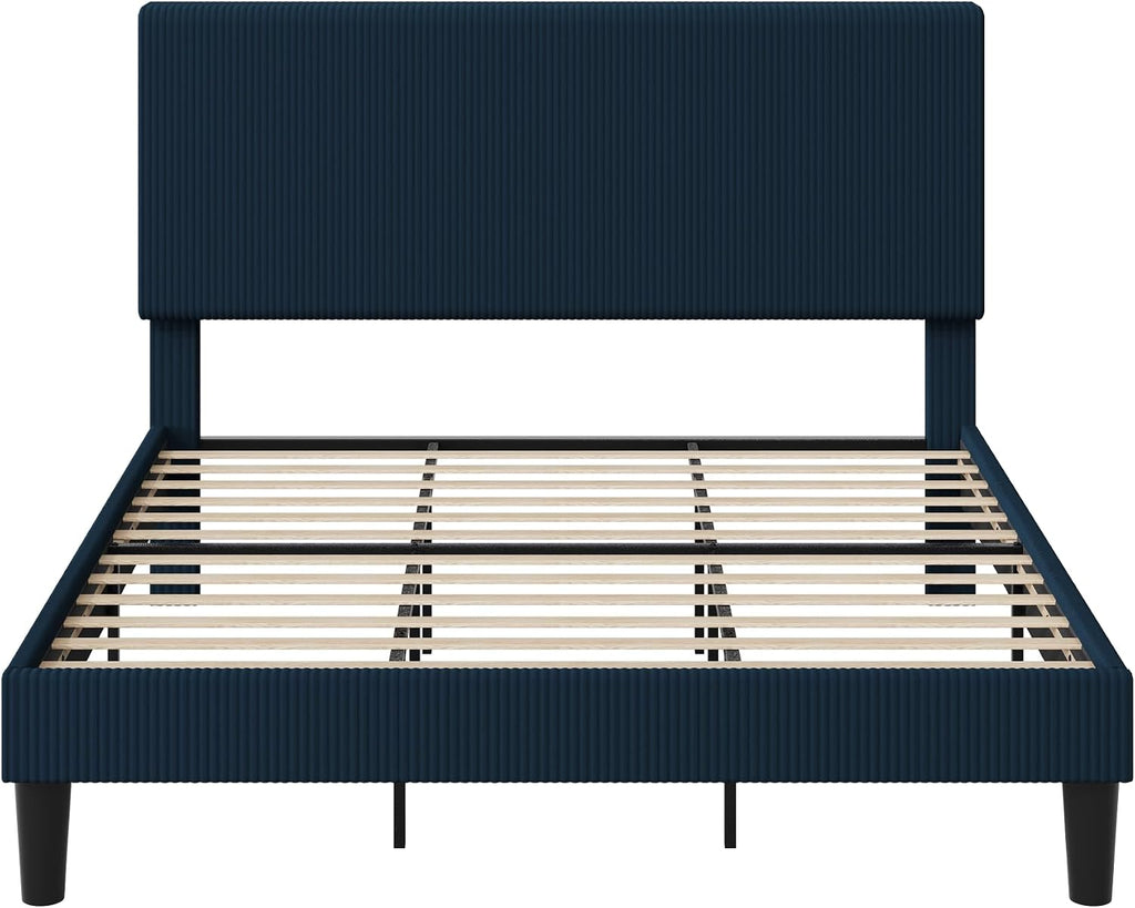 Allewie King Size Upholstered Bed Frame with Vertical Channel Tufted Headboard, Soft Corduroy Fabric Platform Bed, Strong Wooden Slats Support, Easy Assembly, No Box Spring Needed, Dark Blue