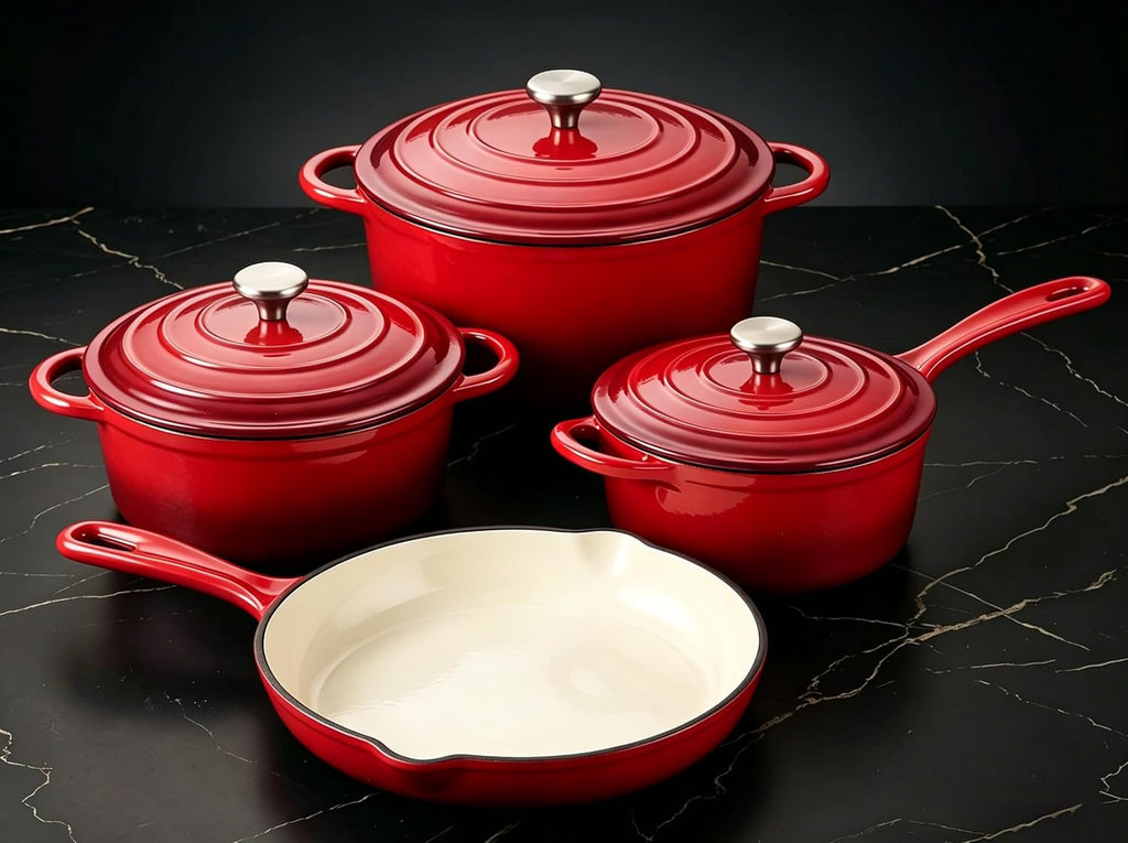 QuliMetal Enameled Cast Iron Cookware Set, 4-Piece Pots and Pans Set with Lids, 10.25' Skillet, 2QT Saucepan, 2.8QT & 4.8QT Dutch Ovens, Oven Safe to 500°F, All Stovetops Compatible - Rouge Red