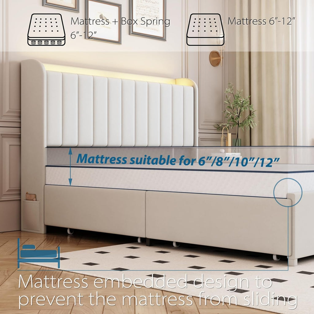Full Bed Frame with 4 Drawers and Storage Headboard, Upholstered Platform Bed Frame Full Size with Led Lights and Handy Charging Station, No Box Spring Needed, Easy Assembly, Noise Free, Beige