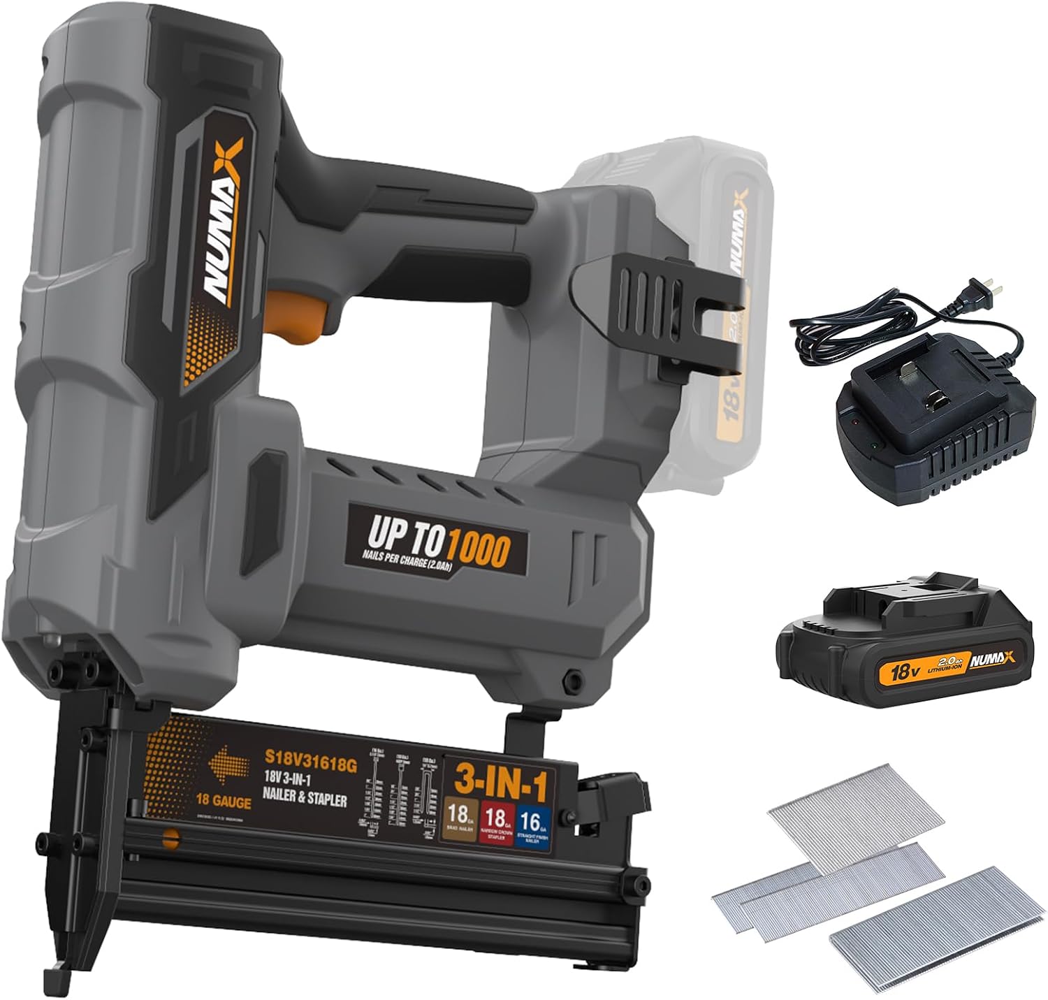 NuMax 18V Cordless 3-in-1 Nail Gun Kit – 2' 16 & 18 Gauge Finish Nailer, Brad Nailer, and Narrow Crown Staple Gun – Includes Battery, Charger & Fasteners – S18V31618G
