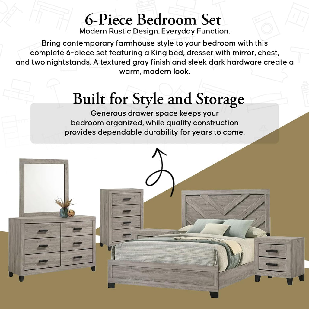 Kings Brand Furniture Napa Farmhouse 6-Piece Bedroom Set - Bed Frame with Headboard, Chest, Dresser and Mirror and 2 Nightstands (King Size)